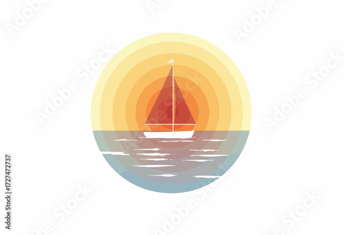 Serene Ocean Voyage Depicted in Minimalist Art with Sunrise Backdrop and Tranquil Waters