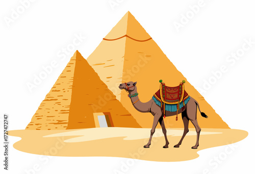 Illustration of a Camel Adorned in Colorful Textile Standing Before Two Large Pyramids under a Clear Sky