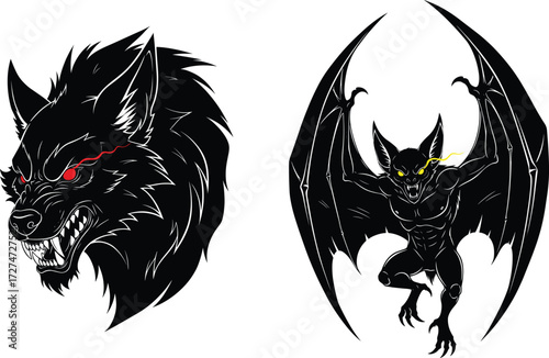 Dark fantasy werewolf head and bat demon creature illustration, horror mythical monster vector art, gothic supernatural folklore design for Halloween