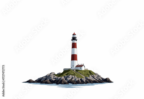 Solitary lighthouse standing tall atop rocky outcrop surrounded by ocean, featuring red and white bands and complemented by small keeper's house