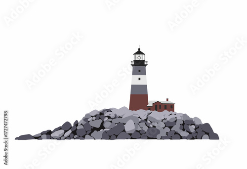 Illustrative Image of Multicolored Striped Lighthouse Standing on a Rocky Hill Against a Clean White Background Depicting Coastal Architecture and Maritime Navigation