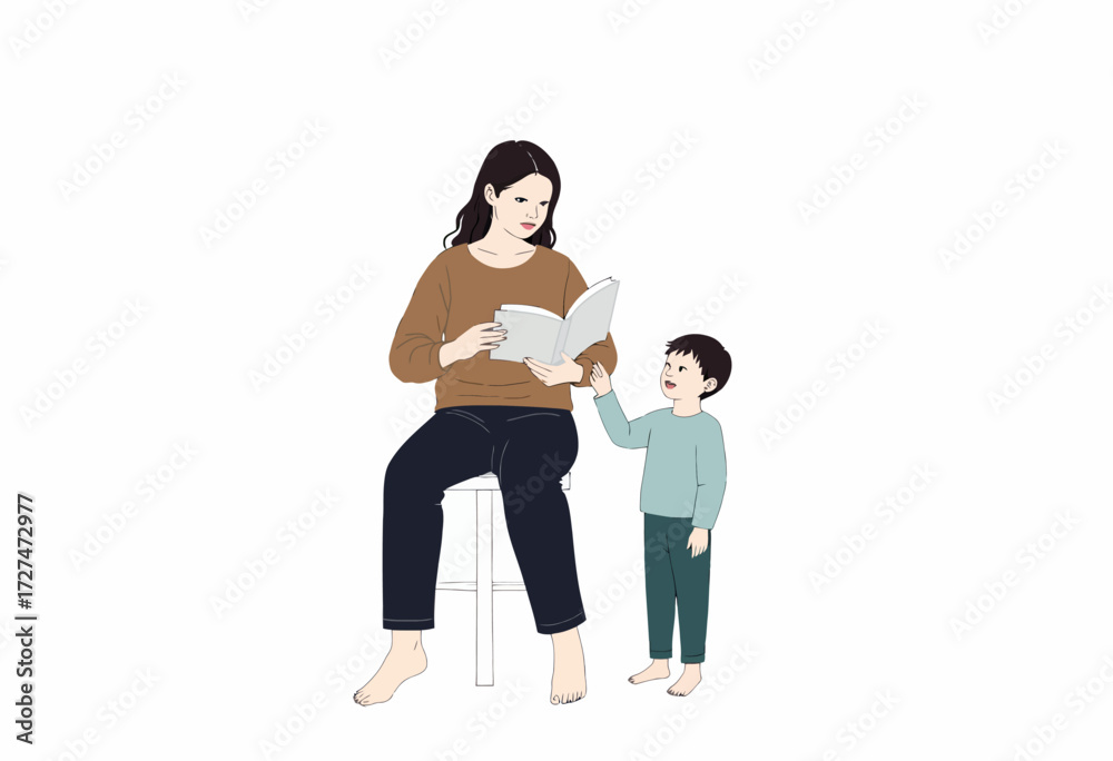 Fototapeta premium Illustration of a woman seated on a stool reading a book while a young child stands beside her, both engaging in a shared moment of storytelling and learning