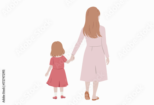 Illustration of Mother and Daughter Holding Hands Walking Together in Coordinated Outfits with Love and Care on a White Background