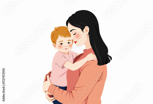 Illustration of a mother lovingly embracing her child with a peaceful expression on a white background, showcasing a tender and nurturing bond between parent and offspring