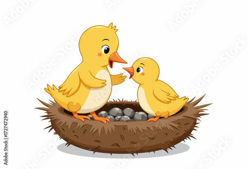 Illustrated Scene of Two Cute Yellow Baby Birds Interacting Happily in Their Cozy Nest Against a Clean White Background
