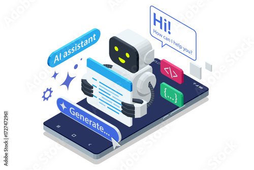AI assistant on smartphone. Isometric illustration of robot AI assistant on smartphone screen generating text and helping with digital tasks, modern artificial intelligence concept.