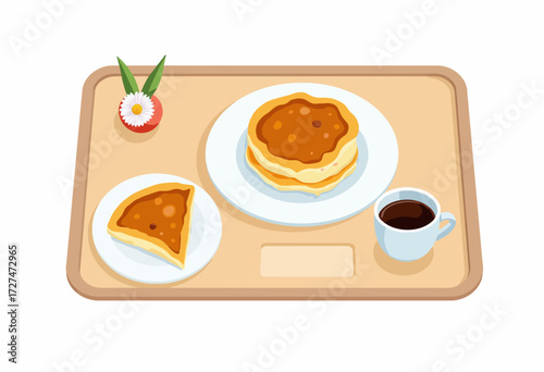 Illustrated Breakfast Tray with Stack of Pancakes, Coffee Cup, and Sliced Cake on Wooden Surface for a Cozy Morning Start