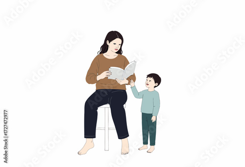 Illustration of a woman seated on a stool reading a book while a young child stands beside her, both engaging in a shared moment of storytelling and learning