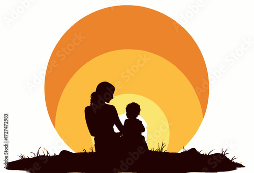 Silhouette of a Mother and Child Bonding During Golden Sunset in Tranquil Natural Setting with Vibrant Orange and Yellow Sky