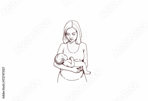 Gentle Illustration of a Mother Tenderly Holding Her Newborn Baby in a Loving Embrace Capturing the Essence of Maternal Love and Connection