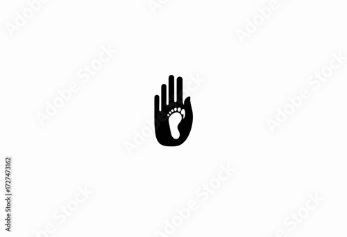 Minimalist black and white design featuring a hand icon with an embedded footprint symbol representing harmony or coexistence with nature