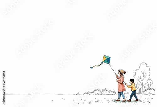 Mother and Child Enjoying a Leisurely Day in Nature Flying a Colorful Kite Under a Clear Blue Sky on a Sunny Afternoon