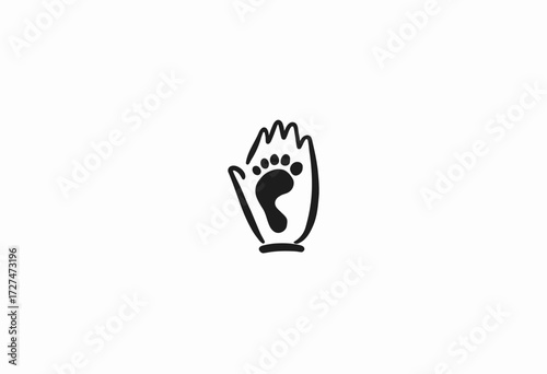 Artistic depiction of a human footprint enclosed in an abstract hand outline, symbolizing unity, support, and the connection between humanity and nature