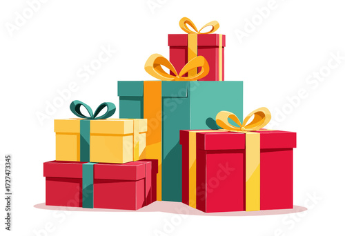 Colorful stacked gift boxes with vibrant ribbons on a white background, embodying celebration and festivity with a cheerful and inviting appearance
