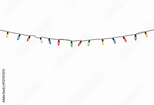 A colorful string of holiday lights hanging against a clear white background, featuring a variety of brightly lit bulbs in multiple hues for festive decoration