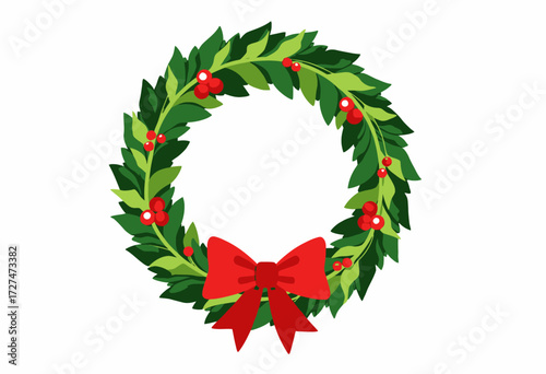 Festive Green Holiday Wreath Decorated with Red Berries and a Large Bow on a White Background for Seasonal Celebrations and Traditional Christmas Decorations