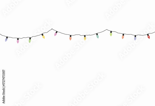 Bright and Festive Multicolored String Lights Hanging Against a Clean White Background for Holiday Decoration and Celebration
