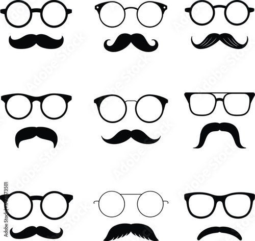 Eyeglasses icons, mustache styles, facial accessories, character design, black and white, vector set, fashion elements, hipster look, retro style, graphic pack, illustration, silhouette