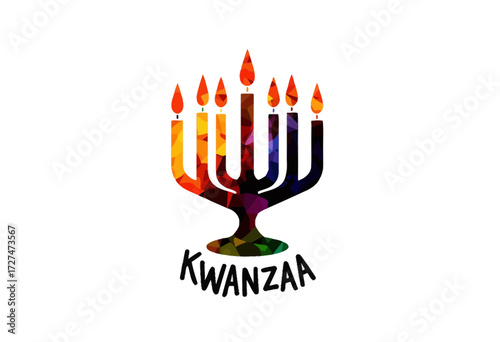 Colorful Kwanzaa Kinara with Seven Candle Lights Celebrating African Heritage and Culture in a Vibrant Multicolored Geometric Design
