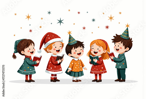 Group of Joyful Children Singing Christmas Carols in Festive Clothing with Starry Decorations Brightly Enhancing the Holiday Spirit in Whimsical Illustration