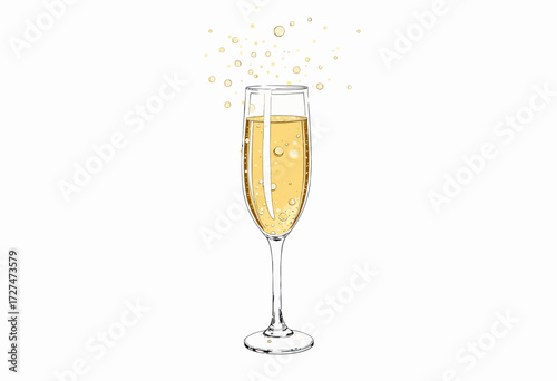 Elegant Champagne Glass Filled with Bubbling Golden Sparkling Wine Against a White Background Celebrating Special Occasions with Classic Sophistication
