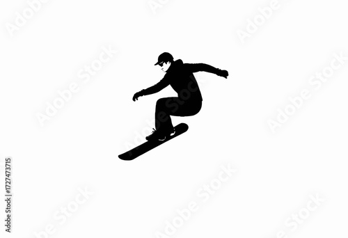 Silhouette of a Snowboarder in Mid-Air Against a Pristine White Background Showcasing Dynamic Movement and Stylish Gear During a Thrilling Jump or Trick