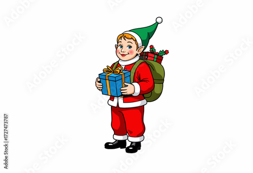 Young festive elf wearing a traditional green hat and red outfit, cheerfully holding a gift box with a full backpack of presents celebrating a joyful holiday season