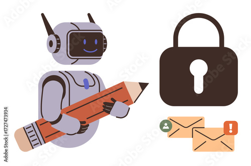 Robot holding pencil conveys writing and AI, paired with lock and envelopes for security, emails, and communication. Ideal for AI, technology, innovation, security, data privacy automation simple