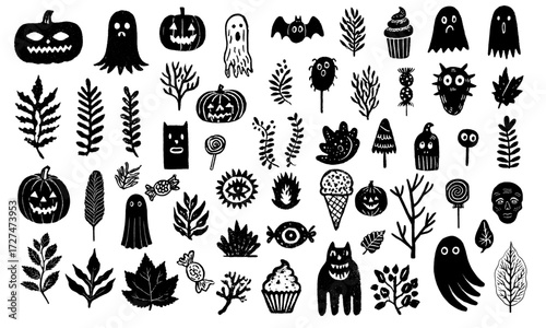 Halloween linocut vector set. Many elements next to each other: pumpkin, ghost, Halloween sweets, monsters, leaves, autumn elements. 