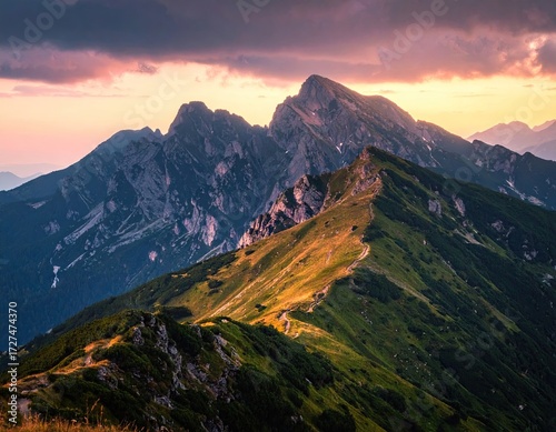 Majestic Mountain Range at Sunset with Dramatic Sky