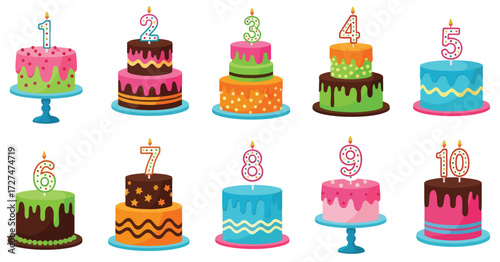 Colorful Birthday Cake Illustration Set with Number Candles 1 to 10 — Ten Unique Cake Designs with Icing, Decorations, and Lit Candles for Party Invitations, Educational Graphics and Celeberation
