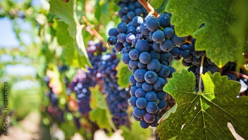 Ripe dark blue grapes with water droplets on vines vineyard green