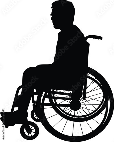 Silhouette of person sitting in manual wheelchair, black and white vector representing mobility assistance and physical accessibility
