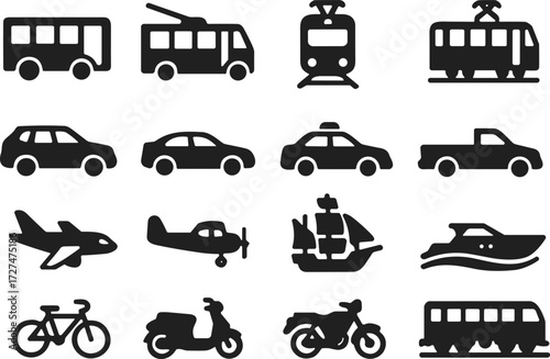 Set of twenty black silhouette transportation icons including land, air, and water vehicles, vector illustration for mobility and travel