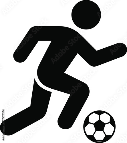 Soccer icon, football silhouette, athlete running, sports symbol, black and white, motion graphic, kicking ball, physical activity, vector design, recreation, fitness, game