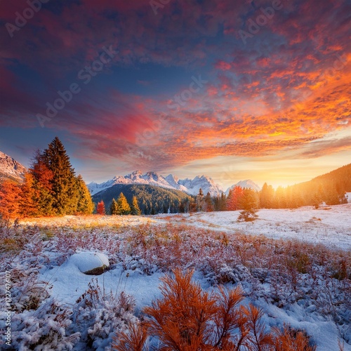 Evening landscape lit by the first snow of winter; beautiful, stunning and wild landscape photography during sunset time on mountains
