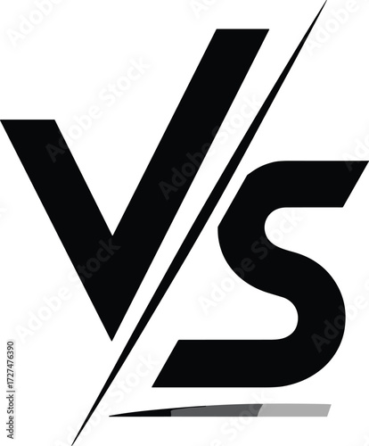 VS logo icon, black angular font vector, versus symbol design, dynamic diagonal slash, competition graphic, bold typography artwork, white background contrast
