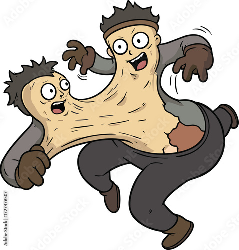 Cartoon surreal character illustration, two conjoined figures stretching apart, dramatic fantasy artwork, exaggerated expression, comic style design, unusual bizarre concept art