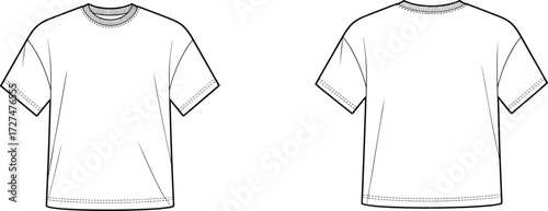 Fashion flat sketch of unisex basic crew neck t-shirt short sleeve plain design front and back views apparel vector template