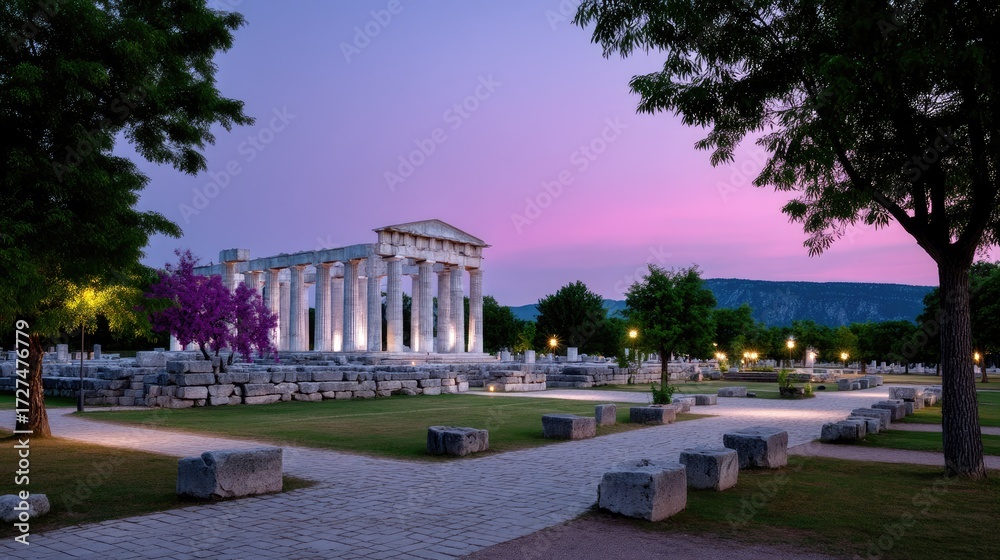 Obraz premium Ancient Stone Temple Ruins at Twilight with Purple Sky and Trees