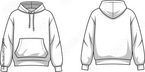 Fashion flat sketch of unisex pullover hoodie sweatshirt with drawstring hood, kangaroo pocket, ribbed cuffs and hem front back template