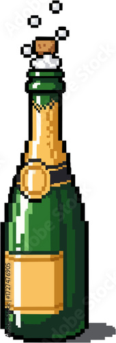 Pixel art illustration of a green champagne bottle with a popping cork and bubbles.