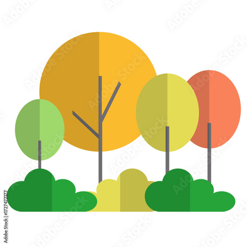 Flat Style Beautiful Colorful Autumn Trees and Bushes Nature Landscape