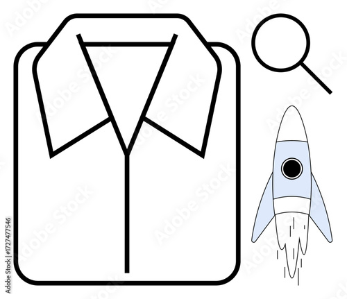 Shirt outline paired with magnifying glass and launching rocket. Ideal for business, exploration, startup, creativity, research, innovation, growth. Simple flat metaphor