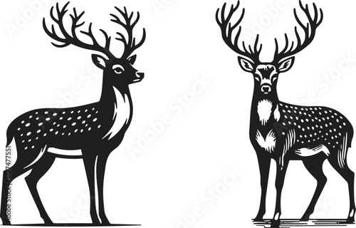 Stylized black silhouette of two deer with antlers in side and front views, vector illustration for wildlife and nature themes