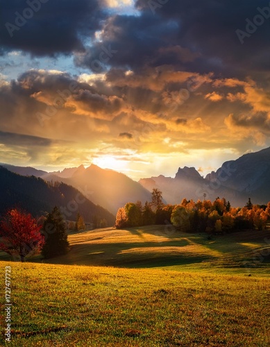 Evening landscape image; over a green field lit by glowing orange sunlight in beautiful magi 
