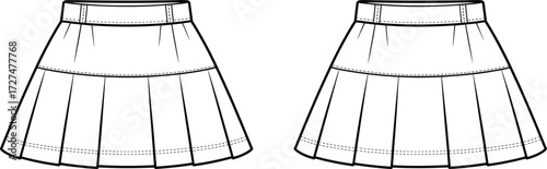 Women’s pleated mini skirt front and back vector illustration, stylish high waist fashion flat sketch blank apparel design template clothing mockup