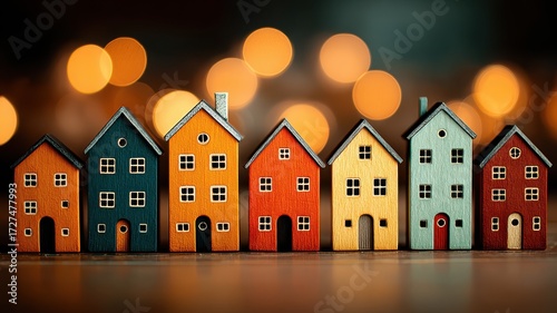 Colorful houses creative real estate housing community concept. Charming Miniature Houses in a Collection Artfully Displayed Against a Soft Bokeh Background