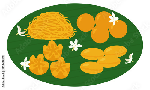 Thai Dessert Vector Illustration – Pinched Gold, Golden Drop, Golden Thread, Jackfruit Seed Sweets