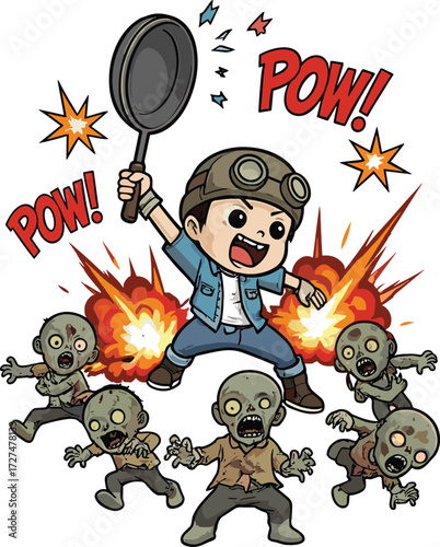 Cartoon zombie apocalypse illustration with frying pan hero, explosive action, comic battle scene, POW text, humorous horror artwork, survival fantasy design